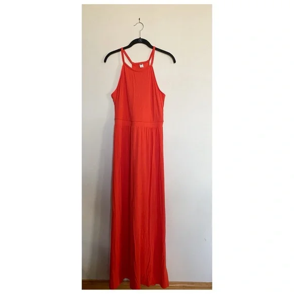red halter long dress Red Chiffon Two‑Piece Maxi Dress – Halter Neck, High‑Slit Co‑Ord Set –  Vibes and Petals main image 1